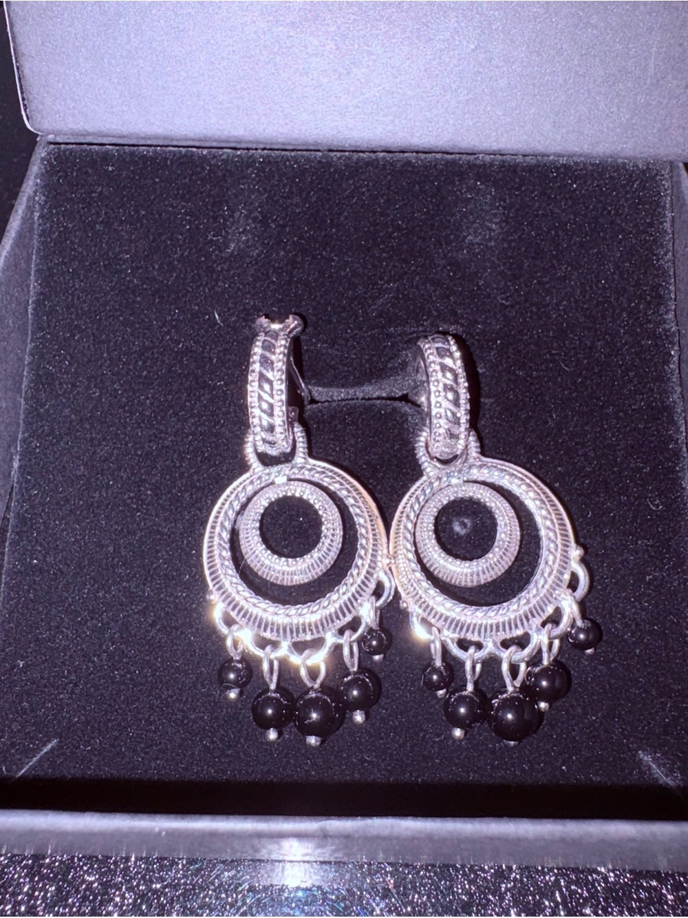 Judith Ripka Sterling Silver Black Onyx Double Circle Dangle Earrings